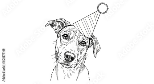 Whimsical Sketch of a Dog Wearing a Party Hat Celebrating Birthday Celebrations