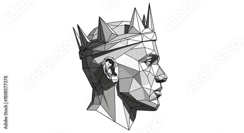 Geometric crown portrait illustration against a stark white backdrop royalty artwork