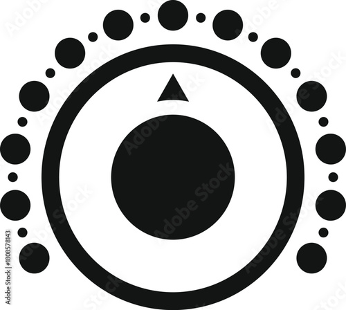 Circular control knob with dots increasing volume, level, or intensity, featuring a central circle and triangular pointer