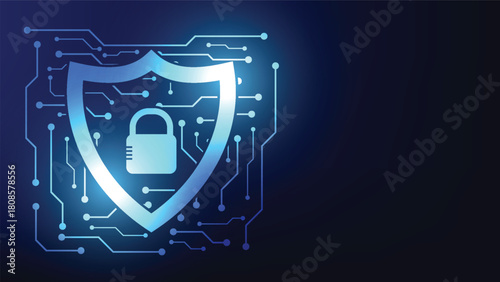 cyber security shield with padlock symbol on circuit board background with copy space