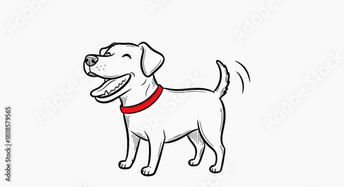 Cheerful canine line drawing with wagging tail against a stark white backdrop creates a sense of