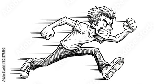 Dynamic ink drawing of a man sprinting with fierce determination and intense concentration