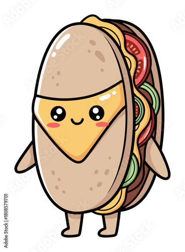 Vibrant kawaii taco character illustration with friendly smile and fresh fillings vector