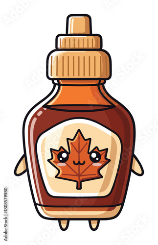 Cute maple syrup bottle with kawaii maple leaf character vector illustration
