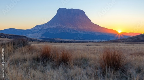 Majestic mountain at sunrise, foreground with dry grasses