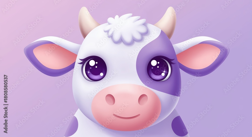 Fototapeta premium Cute Cow's Portrait: A close-up illustration of a kawaii-style cow, featuring a friendly smile, big eyes, and vibrant colors, perfectly capturing the essence of barnyard charm.