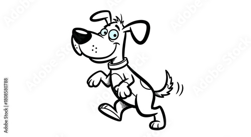 Playful cartoon dog wags tail enthusiastically in black and white illustration