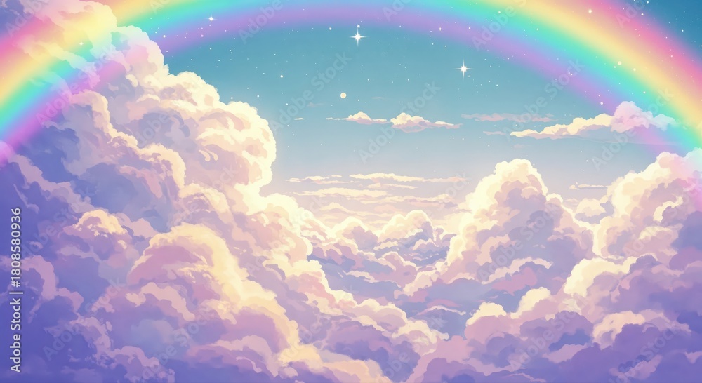 Naklejka premium Celestial Spectrum: A vibrant rainbow arcs gracefully across a dreamlike sky filled with fluffy clouds, creating a scene of ethereal beauty and serenity.