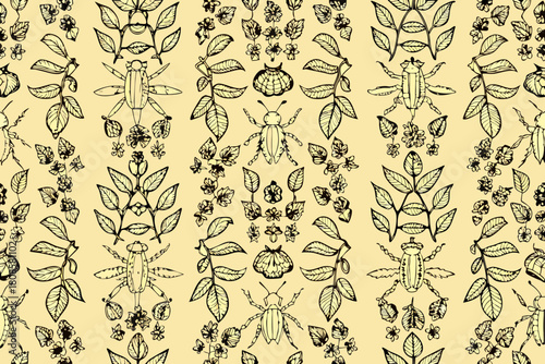 Seamless pattern of hand drawn doodle insects and botanical elements on pale yellow background beetle