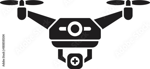Black silhouette of a drone carrying a first aid kit, symbolizing medical delivery and emergency response