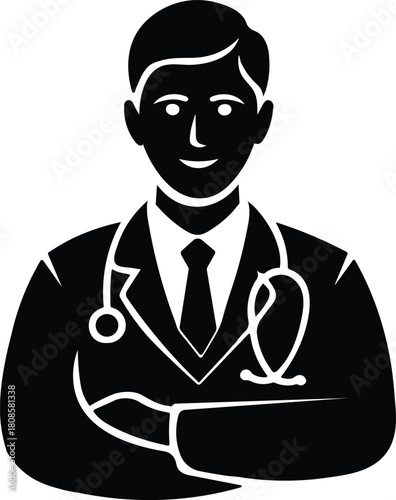 Vector doctor icon in a lab coat with a stethoscope, representing a medical professional, healthcare provider, and expert physician
