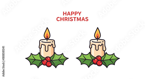 Two Christmas candles with holly leaves and berries