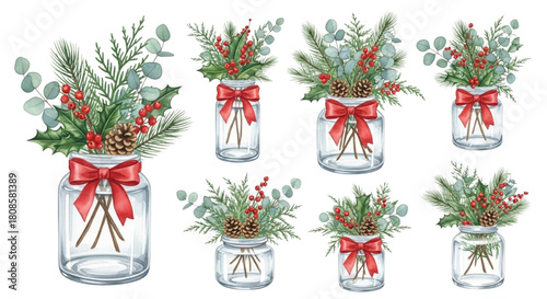 Watercolor Christmas Floral Arrangements in Glass Jars with Pine Leaves and Red Bows