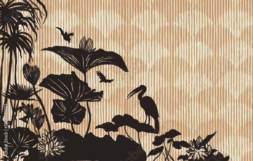 Hand drawn illustration of a Japanese garden scene featuring black silhouettes of lotus flowers, palm trees, birds, and a heron or crane against  textured brown stripe background.