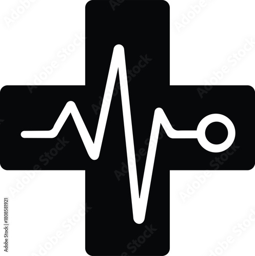 Vector medical cross icon with an electrocardiogram ecg heartbeat line, symbolizing health, emergency care, and vital signs monitoring