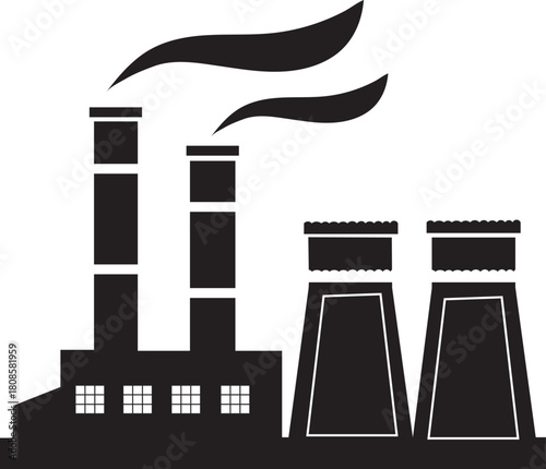 Vector industrial factory with smokestacks and cooling towers, emitting smoke industry, pollution, energy production