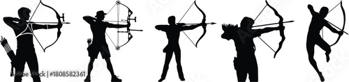 Collection of silhouetted archers drawing bows preparing to shoot arrows demonstrating dynamic poses for sport and recreation vector.archery silhouette set, Black & White silhouette set.