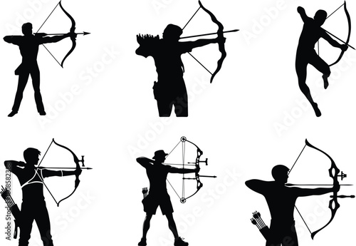 Collection of silhouetted archers drawing bows preparing to shoot arrows demonstrating dynamic poses for sport and recreation vector.archery silhouette set, Black & White silhouette set.