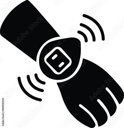 Vector smartwatch on wrist with signal waves, representing wearable technology, wireless communication, and connectivity