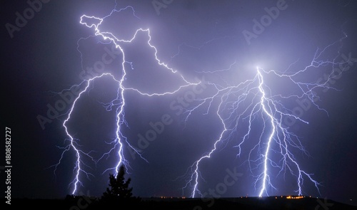High resolution color image of a furious intense lightning storm in a dark night- Israel 