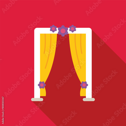 Wedding arch with yellow curtains and purple floral decorations, perfect for outdoor ceremonies