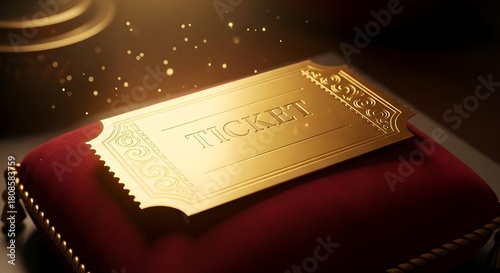 A golden ticket resting on a red velvet cushion, illuminated by soft light