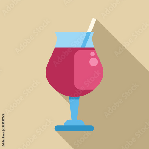 Hurricane glass with pink cocktail, straw and bubbles, simple flat design with long shadow