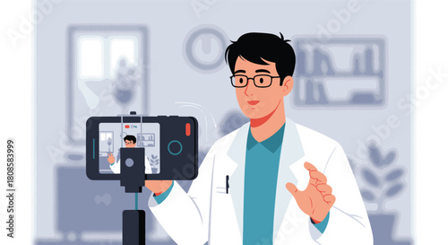 Doctor recording a video blog with smartphone on a tripod, online medical consultation, healthcare