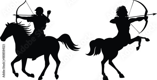 Collection of silhouetted archers drawing bows preparing to shoot arrows demonstrating dynamic poses for sport and recreation vector.archery silhouette set, Black & White silhouette set.