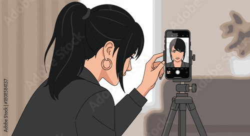 Woman taking a selfie with a smartphone mounted on a tripod for a profile picture or online content creation