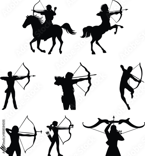 Collection of silhouetted archers drawing bows preparing to shoot arrows demonstrating dynamic poses for sport and recreation vector.archery silhouette set, Black & White silhouette set.