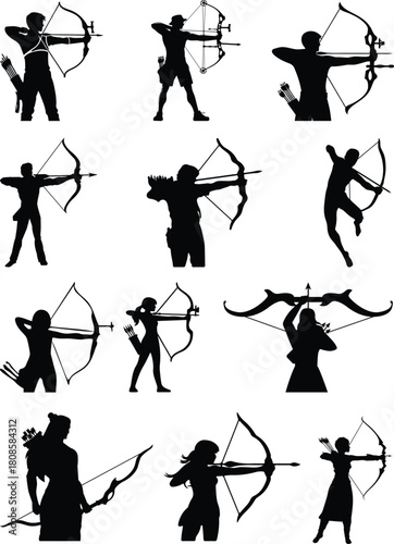 Collection of silhouetted archers drawing bows preparing to shoot arrows demonstrating dynamic poses for sport and recreation vector.archery silhouette set, Black & White silhouette set.