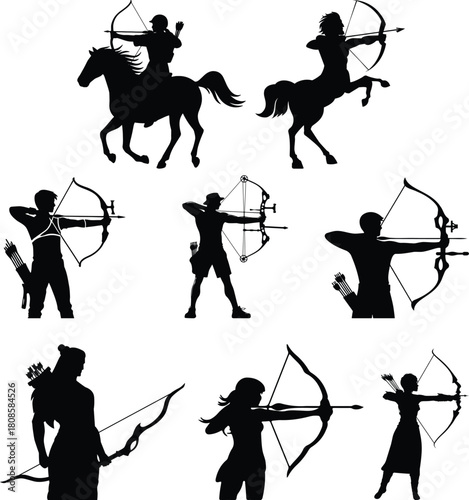 Collection of silhouetted archers drawing bows preparing to shoot arrows demonstrating dynamic poses for sport and recreation vector.archery silhouette set, Black & White silhouette set.