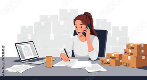 Woman Managing Inventory and Communication in a Warehouse Setting, Ensuring Efficient Operations