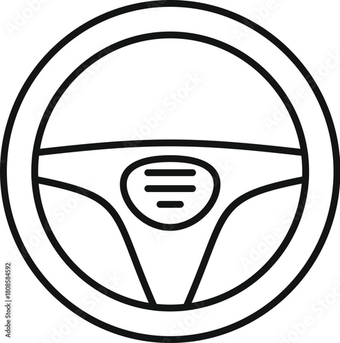 Simple line icon representing a car steering wheel with buttons, symbolizing driving, control, and automotive technology