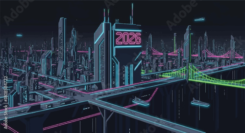 Futuristic neon cityscape at night with elevated bridges and glowing skyline.