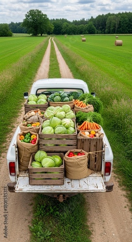fresh vegetables on the grass, White pickup truck drives on dirt road carrying fresh vegetables in crates and sacks. Truck moves past large green plantation field under overcast sky. Rural farm delive