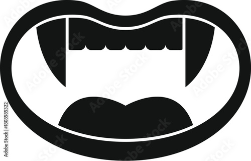 Black and white icon of an open vampire mouth, revealing sharp fangs and tongue