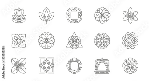 Set of ornamental geometric and floral icons line style for design elements