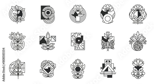Collection of botanical and geometric line art compositions with a modern design aesthetic