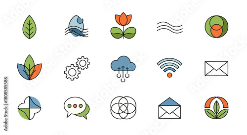 Collection of conceptual flat design icons representing various aspects of nature and technology
