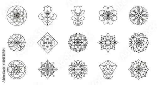 Elegant ornamental collection of geometric patterns and flower drawings with vintage artistic style
