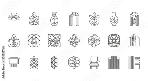 Collection of line art design elements, featuring plants, geometric shapes, and furnishings