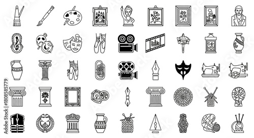 Diverse artistic black and white icons collection portraying creative hobbies and artistic