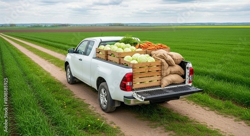 fresh vegetables on the grass, White pickup truck drives on dirt road carrying fresh vegetables in crates and sacks. Truck moves past large green plantation field under overcast sky. Rural farm delive