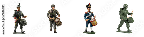 Four toy soldiers dressed in historical military uniforms each holding drumsticks and a drum isolated on black transparent background