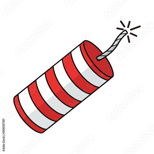 Cartoon Red and White Striped Firework Cylinder with Fused Spark for Celebration.