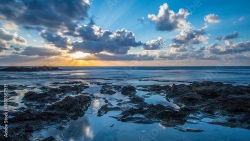 High resolution color panoramic long exposure landscape image of a beautiful sunset on the beach with natural rocks and cloud reflections in the water- Israel