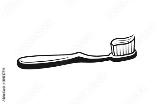 Black and white vector illustration of a classic toothbrush loaded with toothpaste, symbolizing essential daily oral hygiene, dental health practices, and personal care for a clean, fresh smile.