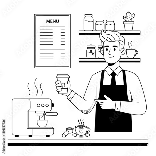 Smiling male barista in a coffee shop, wearing an apron, proudly presenting a freshly brewed take-away coffee cup while pointing towards a steaming cup with heart latte art and a professional espresso